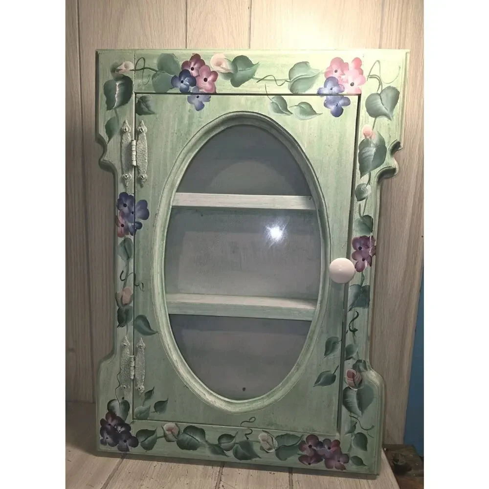 Vtg Hand Painted Floral Curio Display Cabinet Miniatures Farmhouse Cottagecore